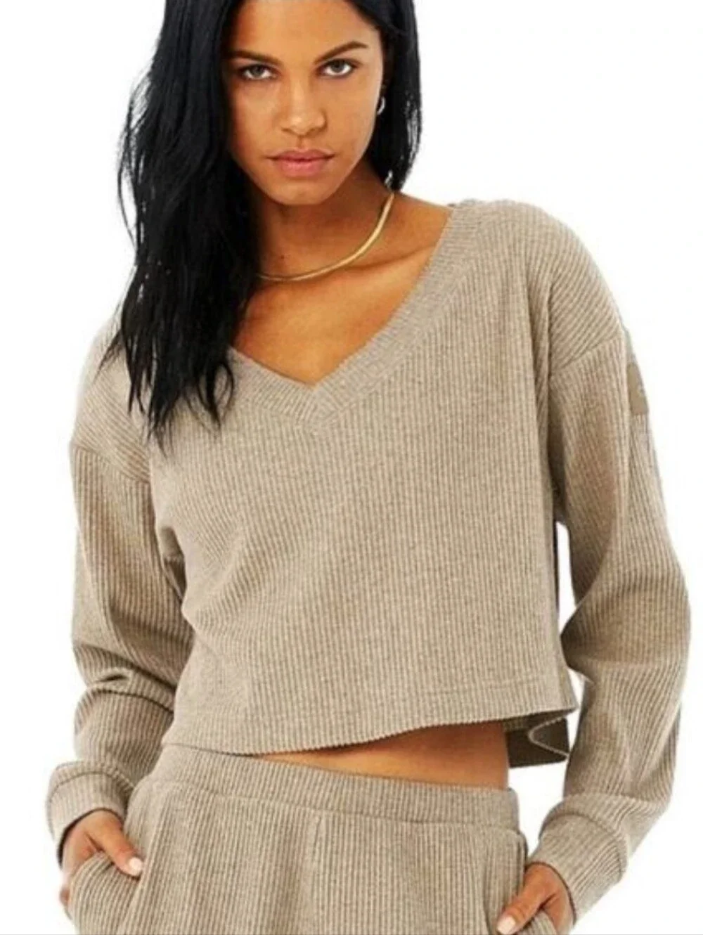 ALO Yoga Muse Ribbed Crop Sweater in Heather Oat Size Med